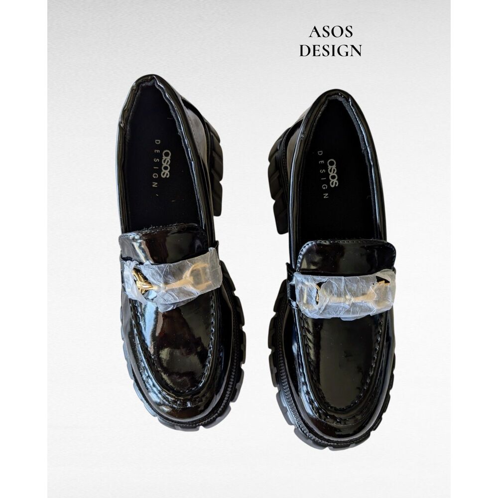 ASOS DESIGN Chunky Patent Loafers Black Gold Bit Lug Sole Platform UK7 US9 EU40